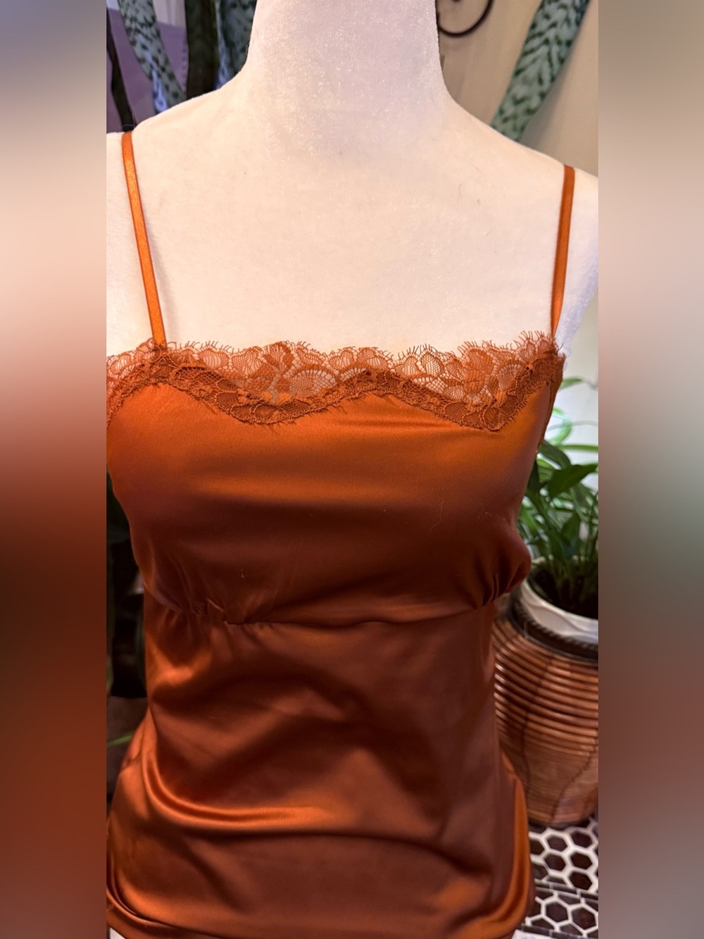 NY&C Rust Satin Lace Trim Cami Tank Top XS Y2K Lingerie